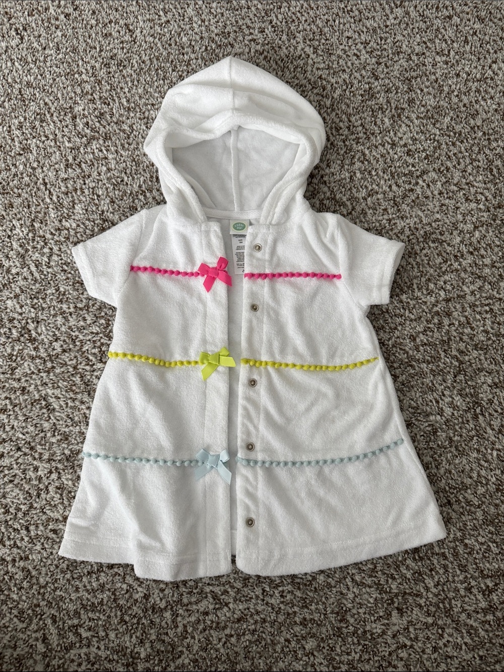 Little Me White Hooded Dress Top with Pink, Yellow & Blue Ribbon Accents